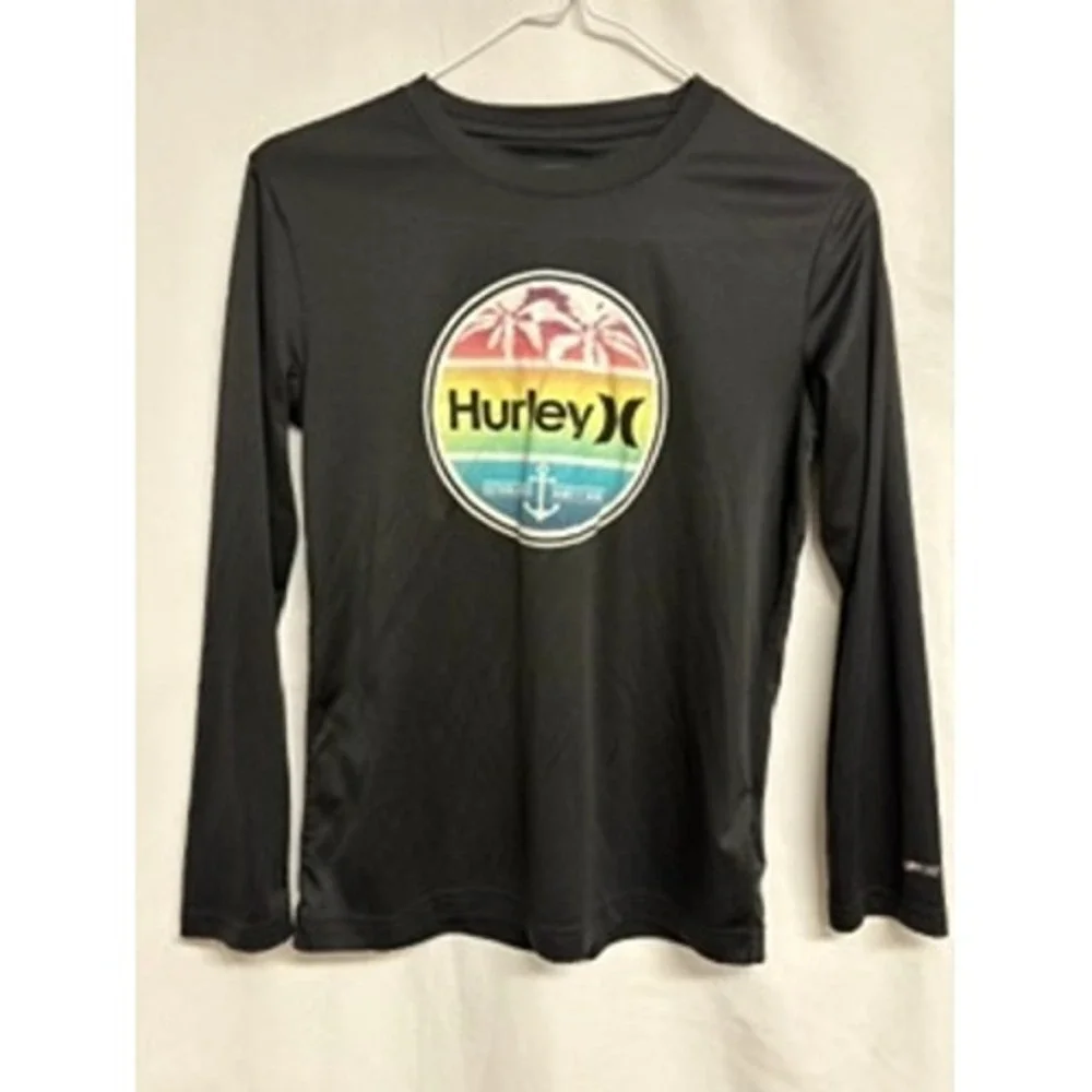 Hurley Kids Black H2O-Dri Long Sleeve Rash Guard UPF 50+ Swim Shirt Size 10/12